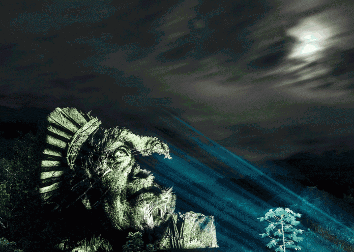 ©-Philippe-Echaroux-Rostos-de-indígenas-projetados-em-árvores-da-Floresta-Amazônica2-696x495